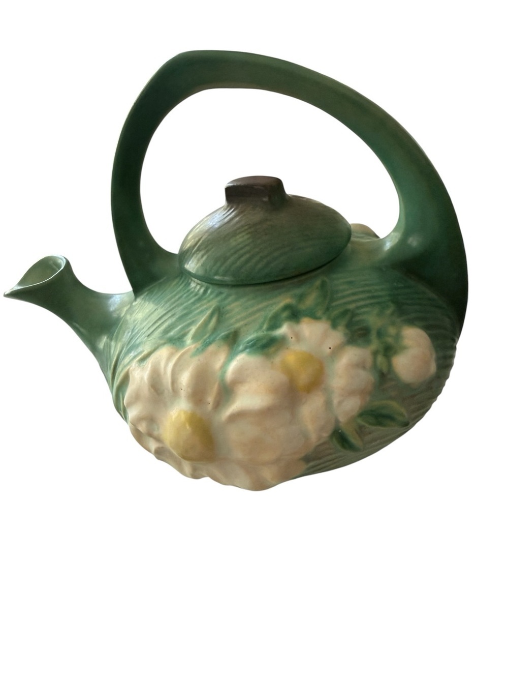 Roseville Pottery Peony Green Matte Large Teapot Circa 1942 with lid and Handle
